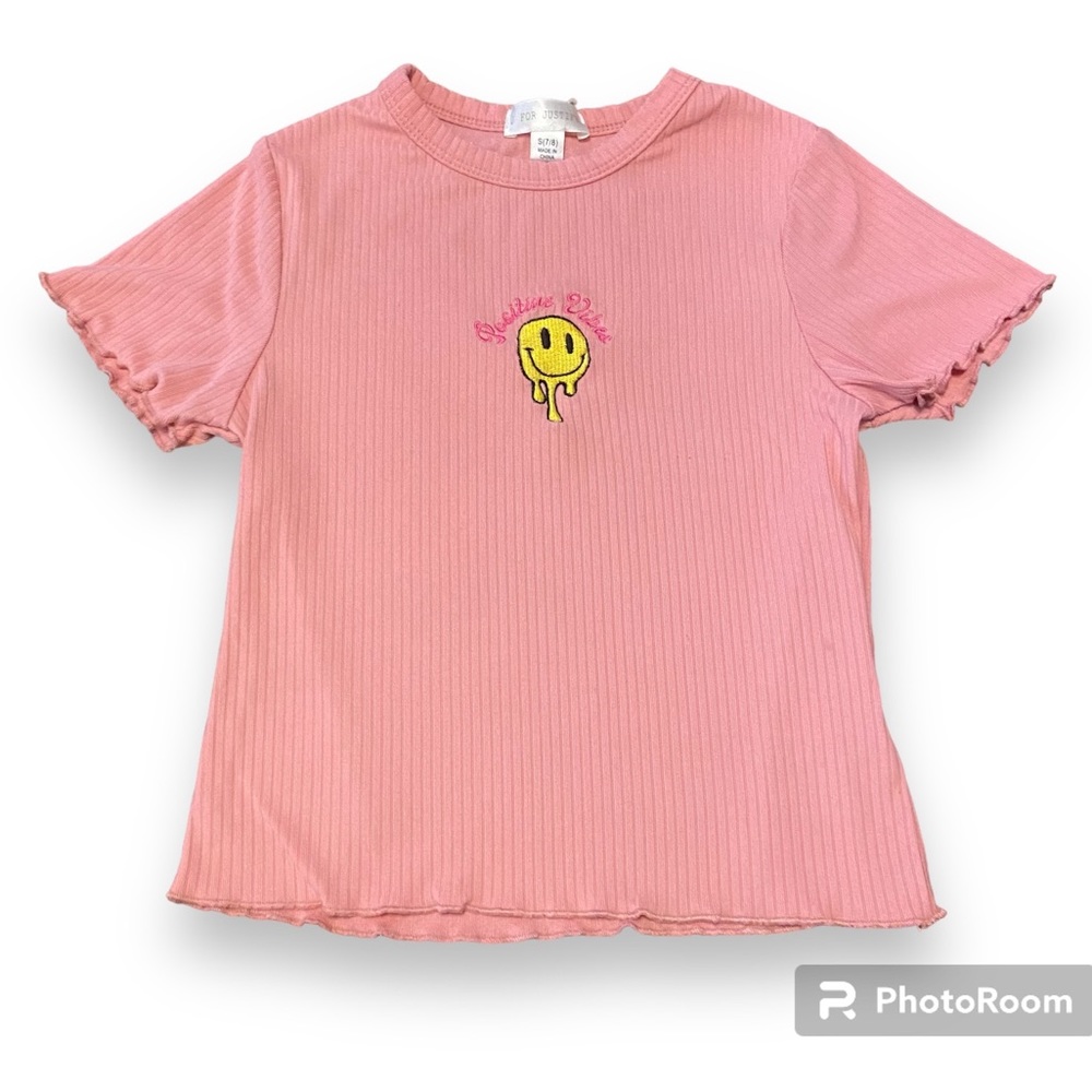 J for Justify Pink Knit Ribbed Short Sleeve Vibes Embroidered Smiley Face Top M